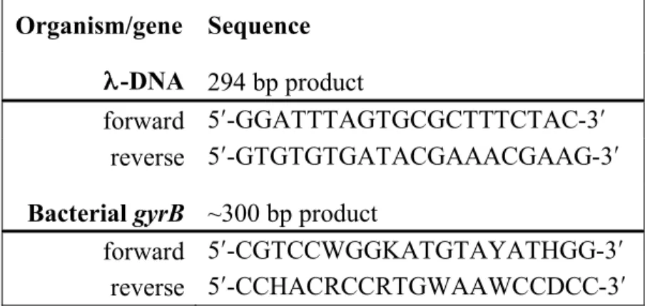 Table 3.1.  Primer sequences for -DNA and gyrB targets.  Sequences for gyrB were  designed by Roth, et al