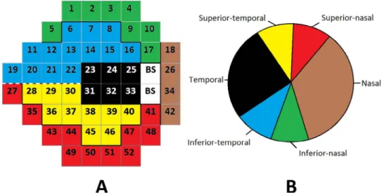 Figure 1. Visual field regions (A) mapped to the optic disc (B). The numbers represent the spatial locations associated with the g(s j ) parameters