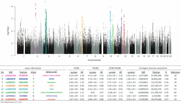 Figure 2. Association results for the ICCBD–PGCBD meta-analysis (13 902 cases, 19 279 controls)