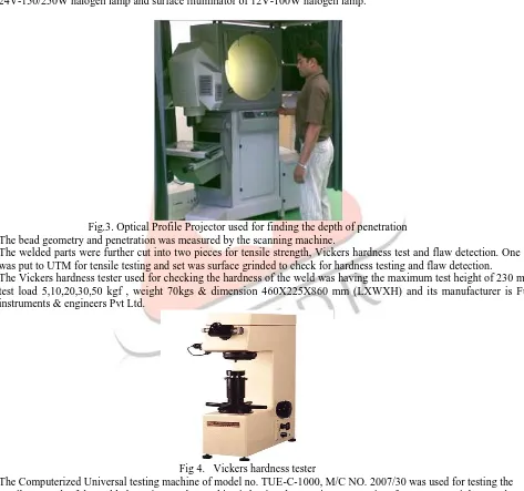 Fig 2. Chop saw used for cutting the welded component The bead height and depth of penetration was studied with the help of optical profile projector, which gave the bead height