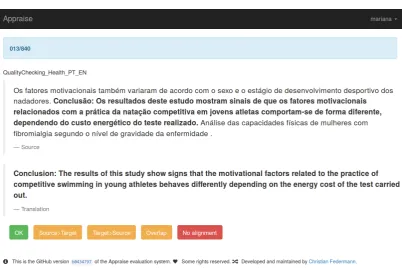 Figure 2: Screen-shot of the Appraise tool during the validation of the alignment of a EN/PT pair of sentences.