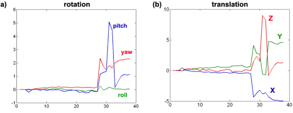 Figure 2.3: Scan summaries for a set of DWIs from a single subject: (a) translational parameters; (b) rotational parameters.