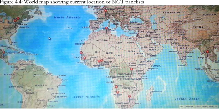 Figure 4.4: World map showing current location of NGT panelists 