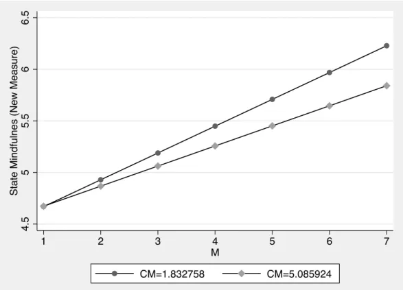 Figure 2. Study 2: Interactive Effects of Meaningfulness and Controlled Motivation on  State Mindfulness (New Measure)