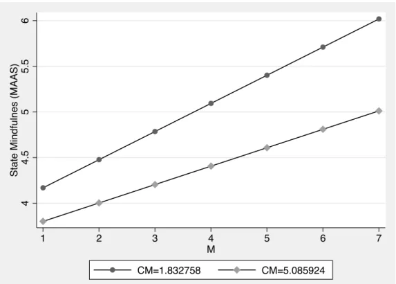 Figure 3. Study 2: Interactive Effects of Meaningfulness and Controlled Motivation on  State Mindfulness (MAAS)