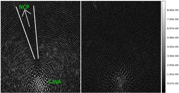 Fig. 13. Images of CasA, which is about 30 degrees away from the NCP, made only using the short baselines ( <1200 wavelengths)