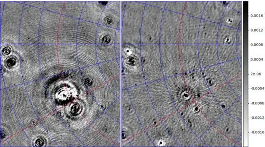 Fig. 6. An area (about 0.5 deg × 0.5 deg) close to the NCP before and after multi-directional calibration using SAGECal