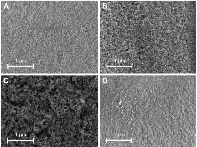 Figure 4 SEM images of the film surface deposited by a spin coating solution on the FTO substrate with a thickness of about 820 nm.Notes: (A) TiO2, (B) TiO2/c/TiO2, (C) TiO2/c/c/TiO2, and (D) TiO2/c/TiO2/c/TiO2.Abbreviations: SEM, scanning electron microscope; FTO, fluorine-doped tin oxide; TiO2, titanium dioxide.