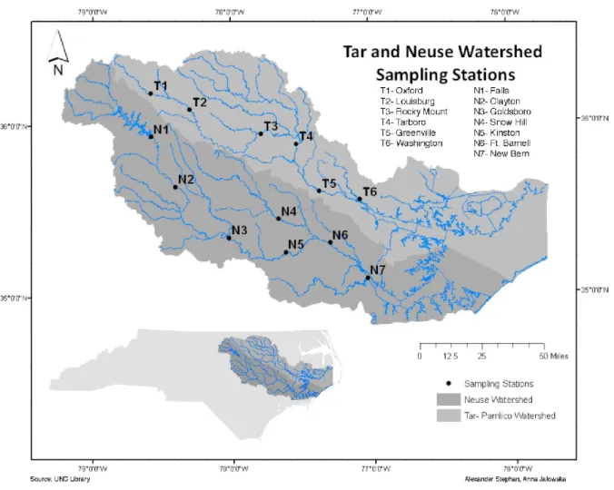 Figure 1. Tar and Neuse Watershed. The map shows the sampling sites along the Tar  River