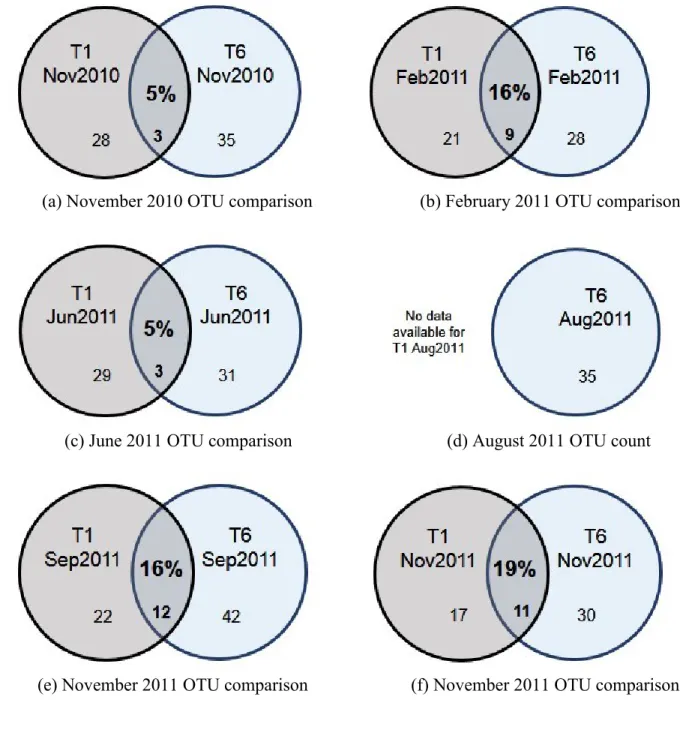 Figure 4. Comparison of OTUs found in T1 (upstream) and T6 (downstream), including  clone libraries from (a) November 2010, (b) February 2011, (c) June 2011, (d) September  2011 and (e) November 2011