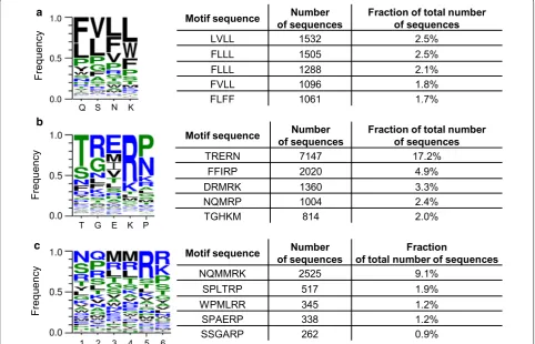 Fig. 2 Sequence logos and five most abundant motifs obtained from sequenced fragments after 5 rounds of phage selection using a substrate containing the 5′GGG GAA GAA3′ sequence for: a library Zfm2, b library L5 and c library L6