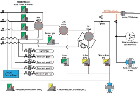 Fig. 2 Schematic overview of the gas supply system, showing the computer operated Mass Flow Controllers (MFCs), Back Pressure Controllers (BPCs), and rotating mixing valves.