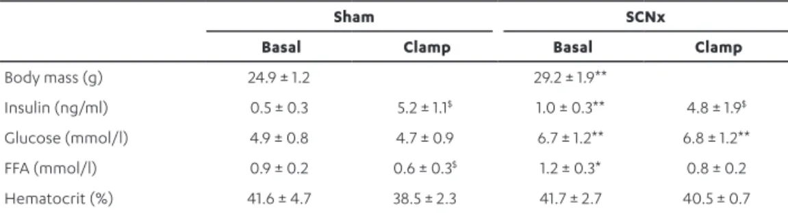 Table 1. Body mass and hyperinsulinemic-euglycemic clamp parameters of sham and SCN lesioned (SCNx) mice