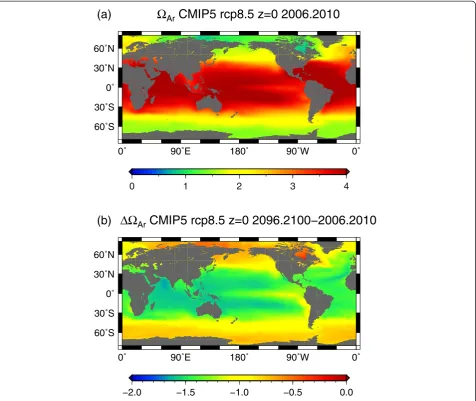 Figure 3 Spatial distribution of aragonite saturation state ΩAr. (a) Model-mean ΩAr at the sea surface averaged over 2006 to 2010, derivedfrom nine CMIP5 ESMs under the AR5 RCP8.5 scenario