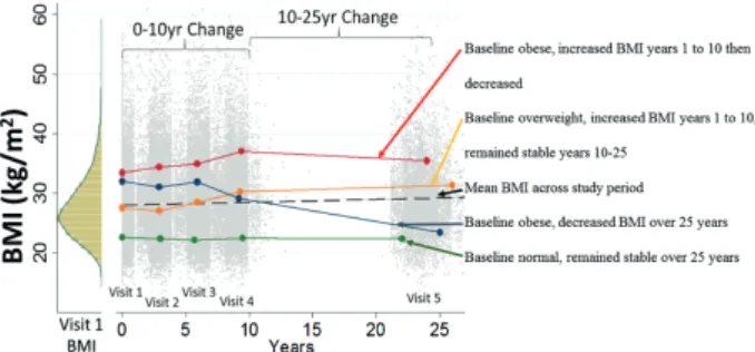 Figure 1.  Visit 1 histogram of body mass index (BMI) (left) and distribution of  BMI at each visit