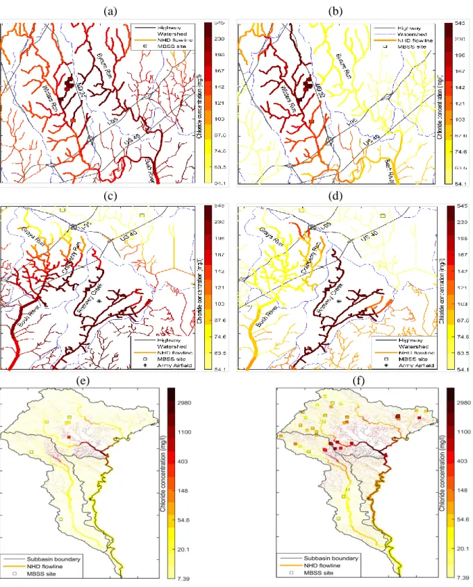 Figure 2.3: Maps of the BME mean estimate of chloride concentrations in 2014. The maps on the left panels  are estimated using Euclidean BME, the maps on the right are estimated using river BME