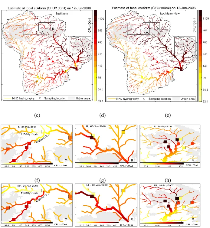 Figure 3.2: Maps of fecal coliform estimates (CFU/100ml) obtained on 12-Jun-2006 across the study area are  shown in panels (a) and (b), those obtained on 25-Feb-2010 over area A are shown in panels (c) and (f), those  obtained on 05-Jan-2010 over area B a