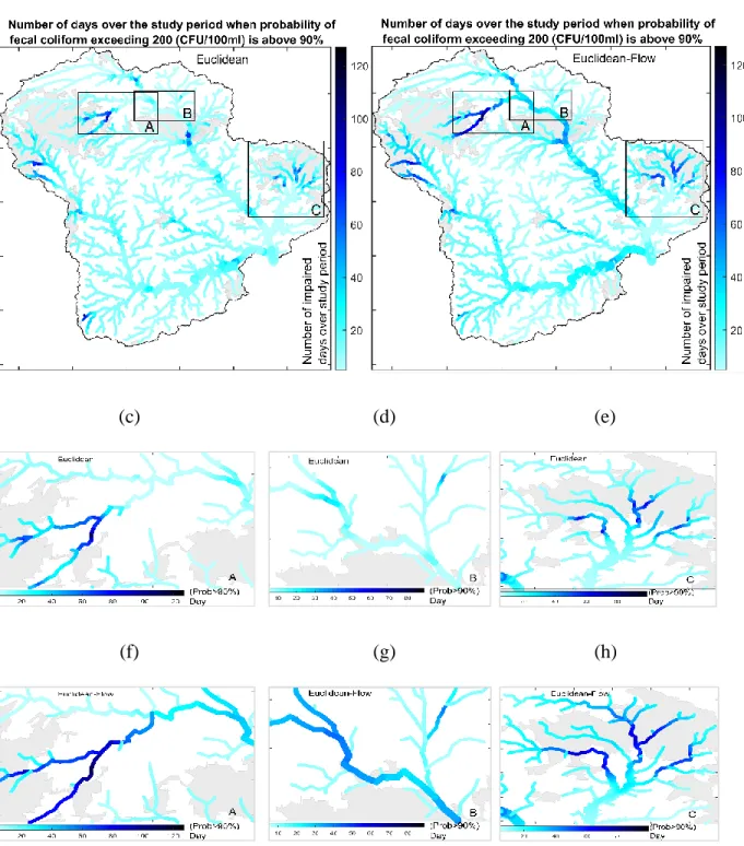 Figure 3.3 : These maps show, for each river mile, the number of sampling days (out of a total of 573  sampling days in 2006-2010) assessed as having high fecal coliform (i.e