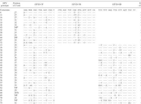TABLE 1. Sequences of GP-E6/E7 consensus primers and alignment with E6 and E7 regions of 38 HPV genotypesa