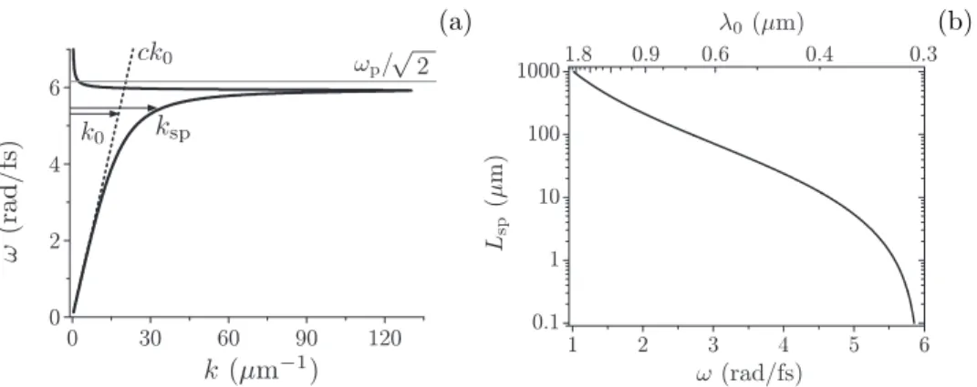 Figure 1.2. (a) Dispersion of the surface plasmon on the sodium- sodium-vacuum interface (solid black line)
