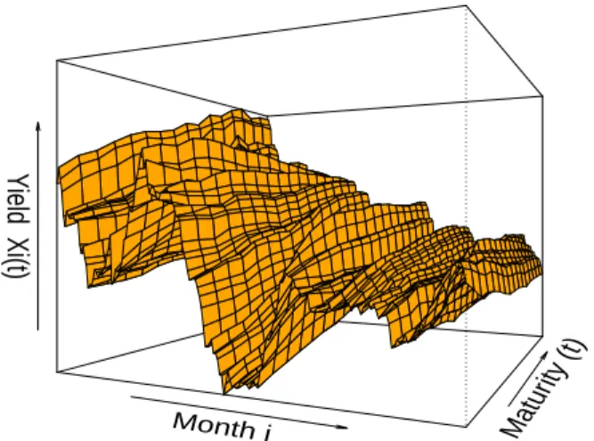 Figure 2.1: Example of Dynamic Functional Data. Data for yields x ij on all observed maturities t j at all dates i is plotted.