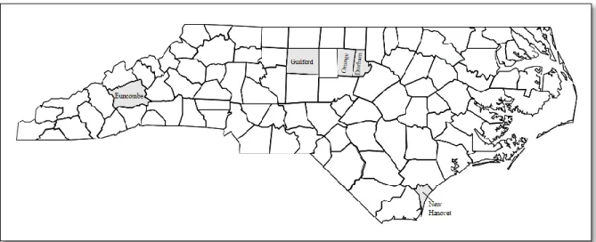 Figure 2.2: Map of North Carolina and the five study counties. 