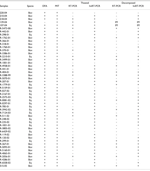 Table 2: Comparative results of Direct Fluorescent Antibody Test (DFA), Mouse Inoculation Test (MIT), Reverse-transcriptase Polymerase Chain Reaction (RT-PCR) and Heminested RT-PCR techniques for rabies diagnosis in thawed and decomposed positive samples.