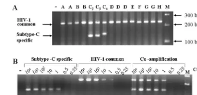 FIG. 2. Speciﬁcity and sensitivity of C-PCR. (A) The Speciﬁcity ofC-PCR was assessed using molecular clones derived from different