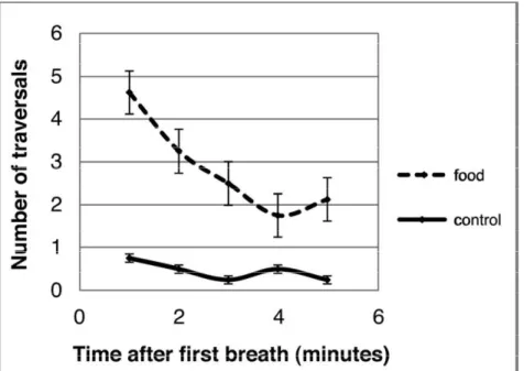 Figure 2.3: Number of traversals in relation to time after first breath.  Each data point  indicates the average number of traversals (for n = 8 turtles) that occurred during each  min of the 5-min food trials and control trials