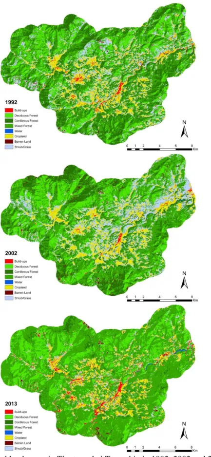 Fig. 5. Land use and land cover in Tiantangzhai Township in 1992, 2002 and 2013 