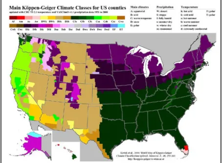 Figure 2-5. U.S. climate classifications: The majority of the  southern U.S. is classified as having a warm climate with  fully humid precipitation and hot summers (Cfa), although,  there is a swath with warm summers (Cfb)