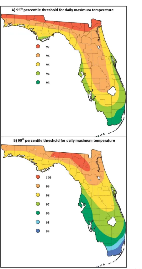 Figure 4-2. Maximum daily temperature threshold value contour maps for Florida. The colors on the  map represent the threshold temperature in Fahrenheit within a contour area