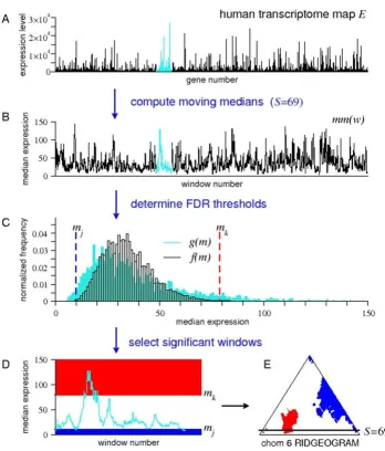 Figure 1Using a mmFDR method to detect RIDGEs in a human transcriptome map. Schematic representation of the moving 