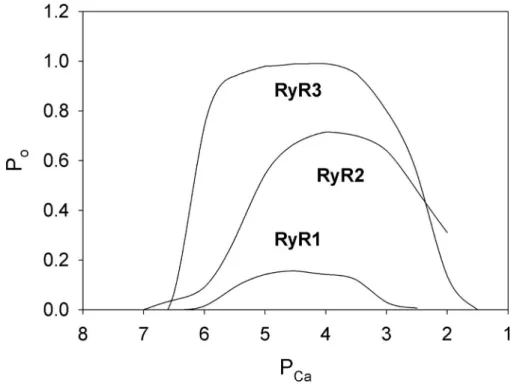 Figure 3. Ca 2+  dependence of single  purified RyR1, RyR2, and RyR3. Shown  are channel P o  values as a function of  cytosolic free Ca 2+  in 250  mM K + , pH  7.4 medium