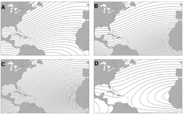 Figure 3.6  Maps of magnetic elements in the North Atlantic Ocean. (a) Total field intensity; contour interval =  1 µT