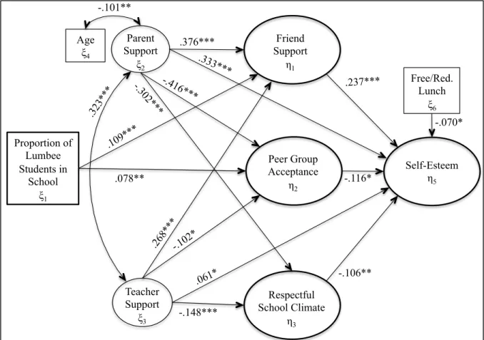 Figure 5. Standardized coefficients for final self-esteem SEM. Latent variable indicators and  non-significant pathways were removed to simplify the model