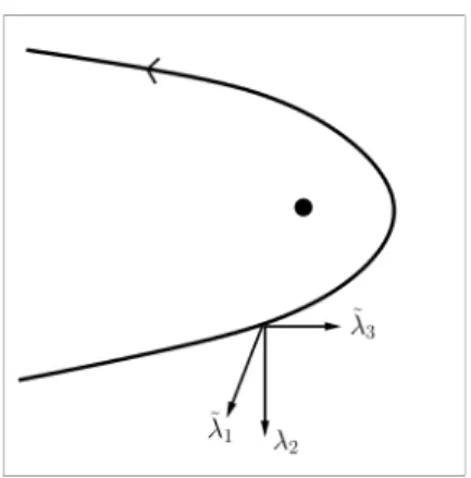 Figure 3.3: The spatial vectors of the rotated Fermi normal coordinate frame. The set {˜λ 1 µ 0 , λ 2 µ 0 , ˜λ 3 µ 0 } is not parallel-propagated along the geodesic