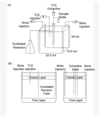 Figure 2.1: Three-dimensional experimental apparatus; (a) Cell schematic for surfac- surfac-tant flushing and TCE extraction and (b) layout of front and side of glass cell.