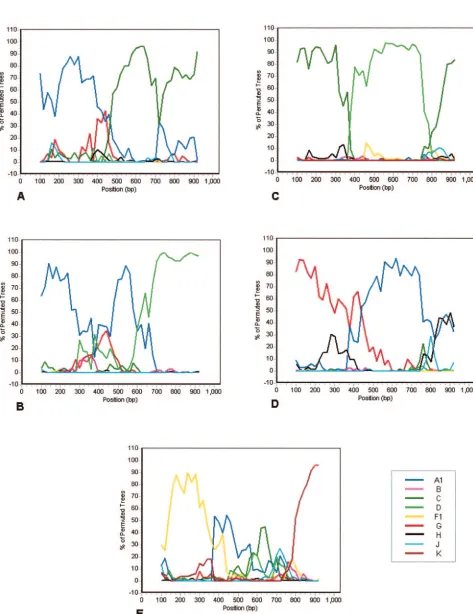 FIG. 1. Representative bootscanning plots of putative chimeric viral sequences compared to representative isolates of HIV-1 subtypes A1(U455), B (LAI), C (ETH220), D (UG114), F1 (VI850), G (NG083), H (VI991), J (SE7887), and K (EQTB)