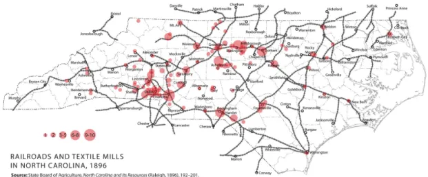 Figure 4: Railroads and Textile Mills in NC, 1896.  