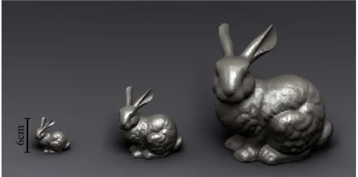 Figure 2.9: Three different sizes (1x, 2x, and 4x) for each shape, as shown on the metallic bunny example in this figure.