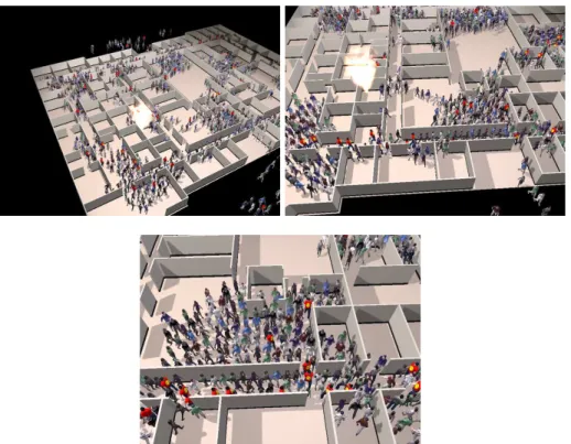 Figure 3.7: Emergency evacuation in an office building: The agents in red are aggressive agents.