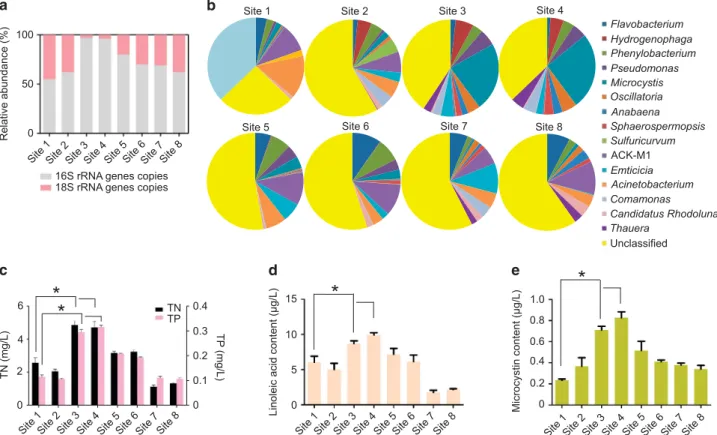 Figure 3 Aquatic microbial community profile analyses. (a) The mean relative abundance of 16S rRNA genes and 18S rRNA genes copies in surface samples collected in Lake Taihu