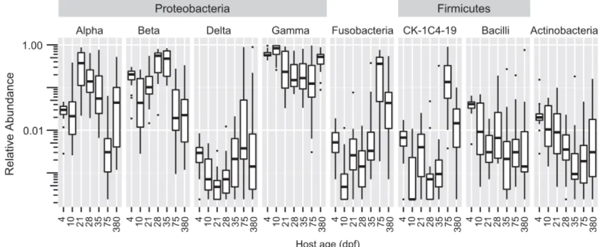 Figure 3 Major shifts in bacterial taxa throughout development. Bacterial classes with 41% average relative abundance across all ages, plotted on a log scale (All taxonomic classes Po0.0001, Kruskal–Wallis).