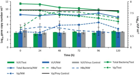 Figure 2 Challenge Experiment I. The population dynamics over a 120 h period of autochthonous Halobacteriovorax (HBx), virus-like particles (VLP), total bacteria and the added prey, V