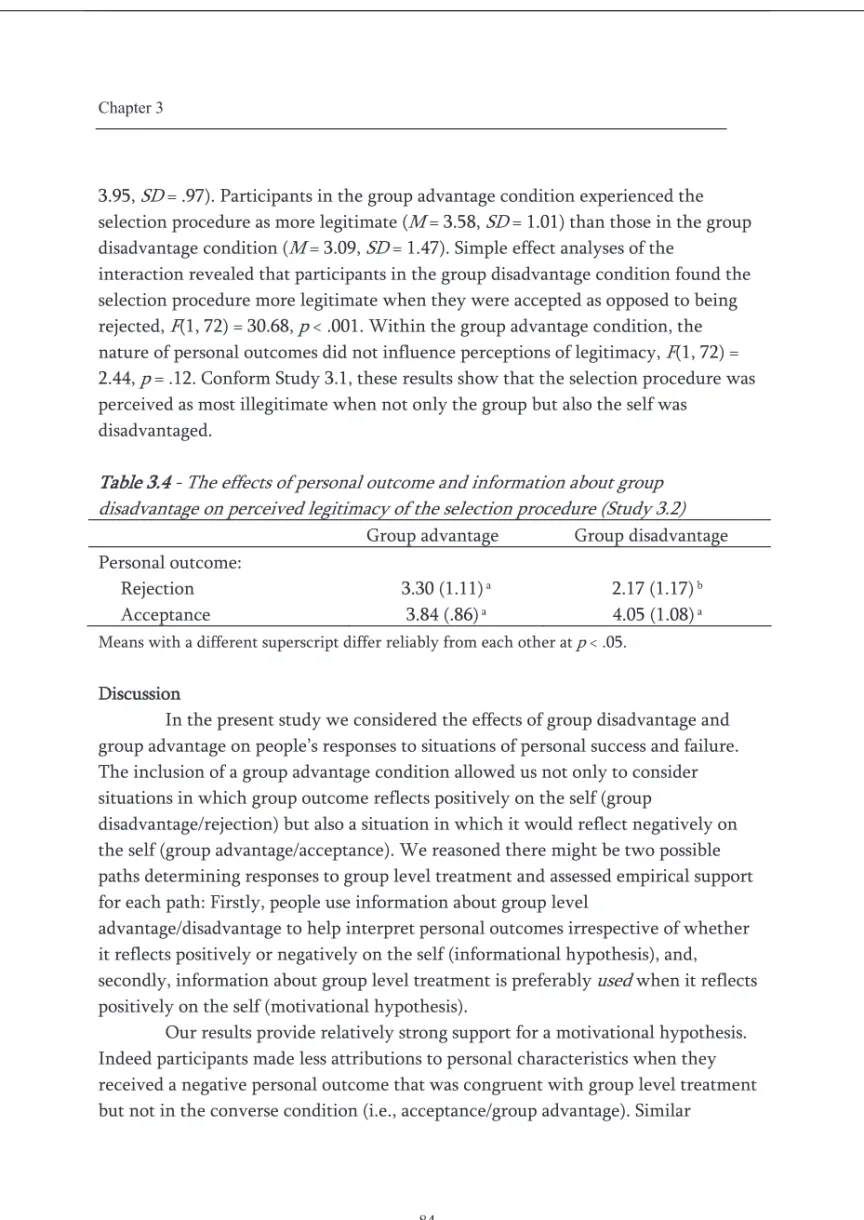 Table 3.4 - The effects of personal outcome and information about group  disadvantage on perceived legitimacy of the selection procedure (Study 3.2) 