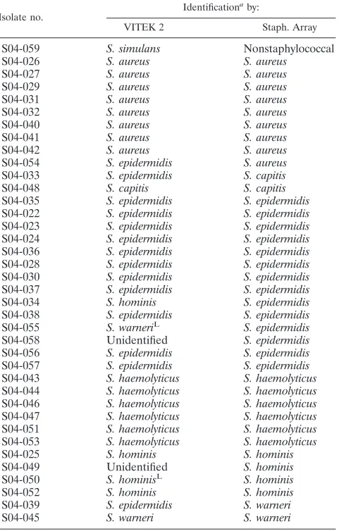 TABLE 4. Results of identiﬁcation of clinical strains by theVITEK 2 and the Staph. Array system
