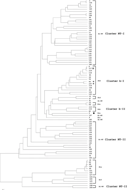 FIG. 2. Consensus UPGMA phylogenetic tree constructed with 89 concatenated DNA sequences obtained from seven housekeeping genes of H.inﬂuenzaesquare), and 4 (ﬁlled square) indicate STs of