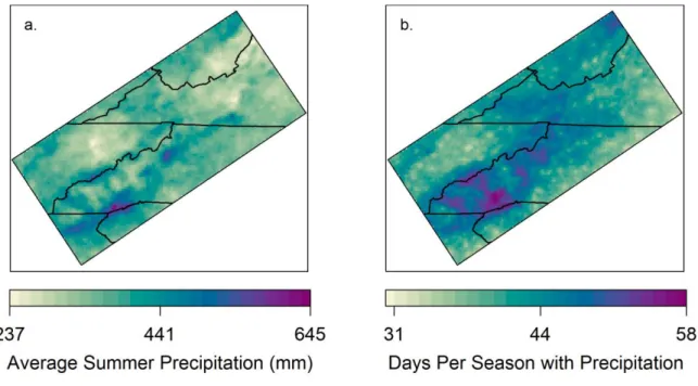 Figure 2.2: (a.) Average summer precipitation derived from daily, gridded PRISM precipitation fields