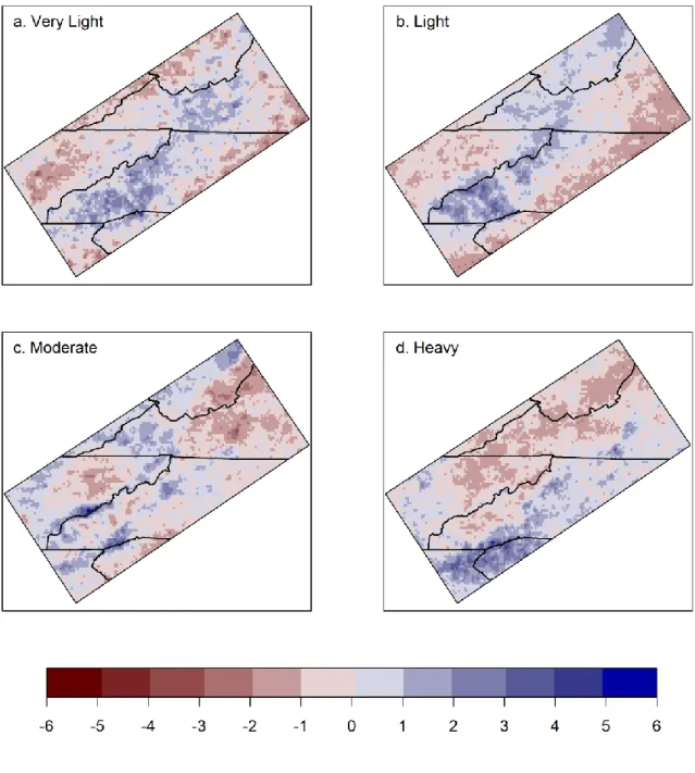 Figure 2.6: Standardized frequency of (a.) very light, (b.) light, (c.) moderate, and (d.) heavy  precipitation events